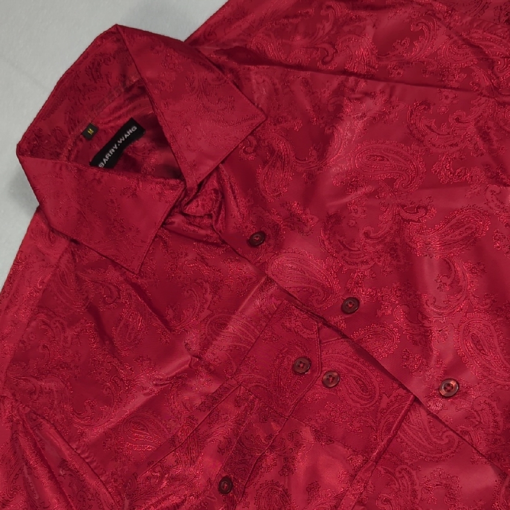 Barry Wang Red Paisley Long Sleeve Button-up Mens Shirt Size Medium
